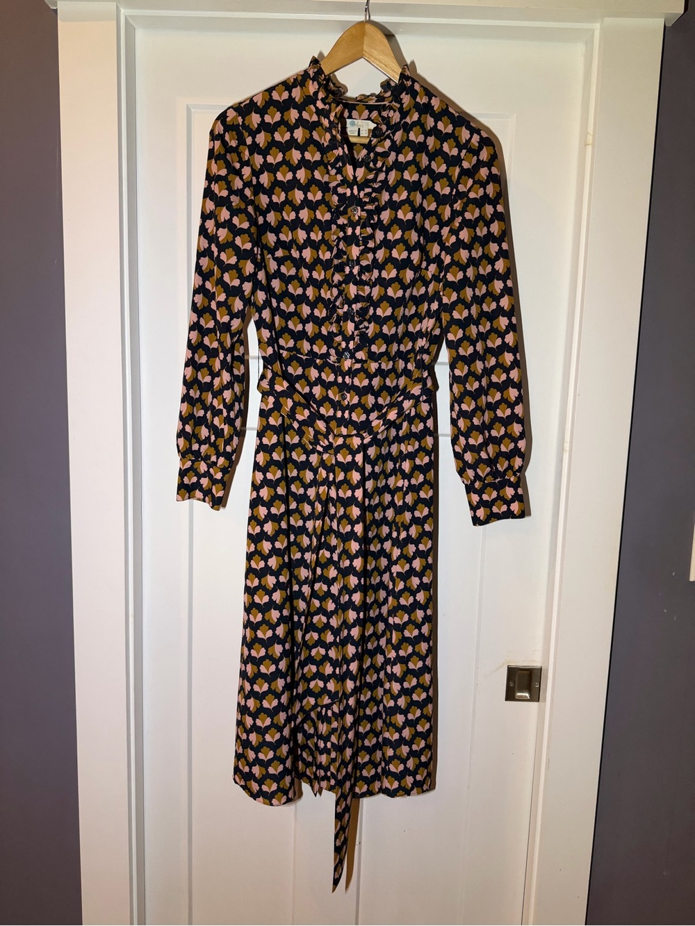 Boden Navy Midi Dress with Pink and Tan Floral Print